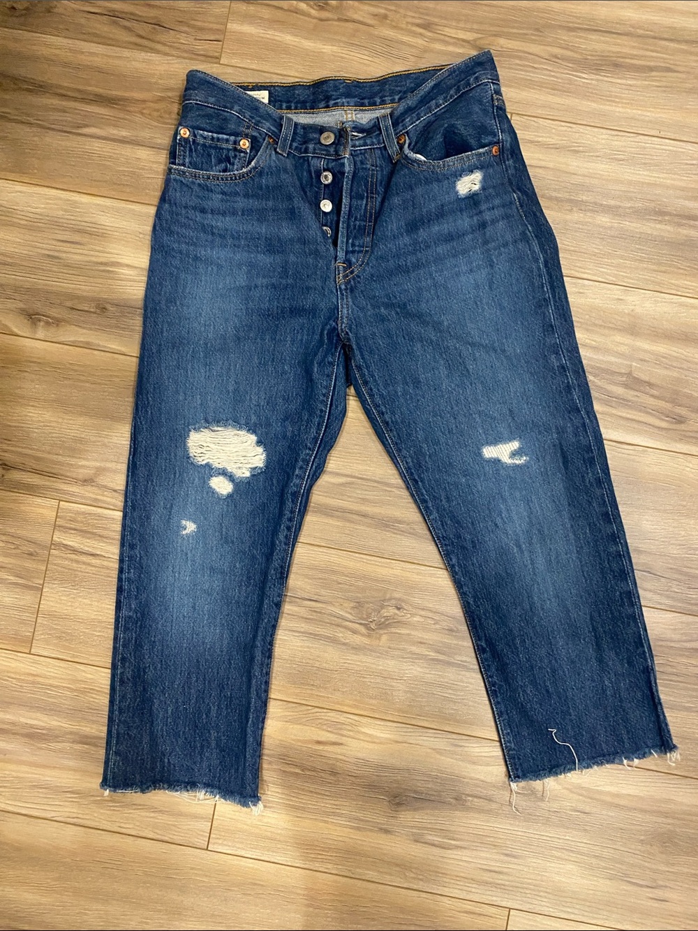 Dark Blue Distressed Women’s Jeans cropped to 20in from crotch down